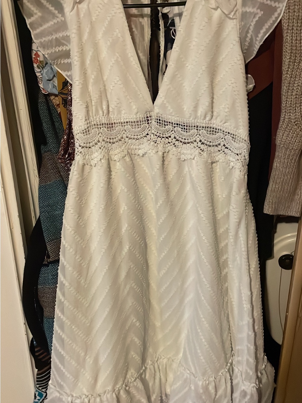 White Lace-Trim V-Neck Women's Dress